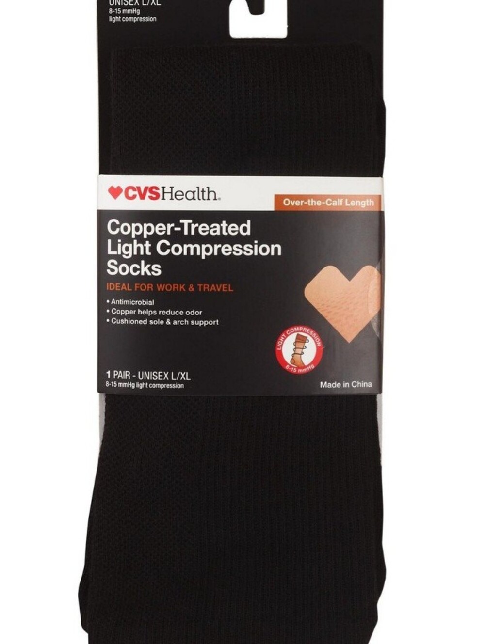 CVS Light Support Copper-Treated Compression Socks, L/XL, Black 3 Pairs